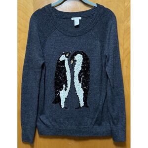 H&M Womens Alpaca Blend Sequin‎ Penguins Sweater Embellished Gray Sz Small
